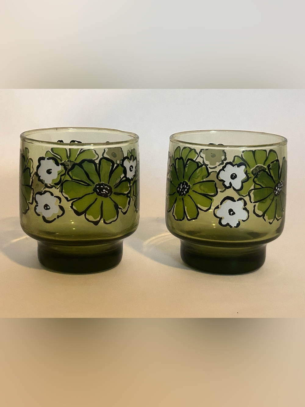 Set 2 MCM Libbey Camellia Green Daisy Glass Tumblers Vintage 1970’s Replacement